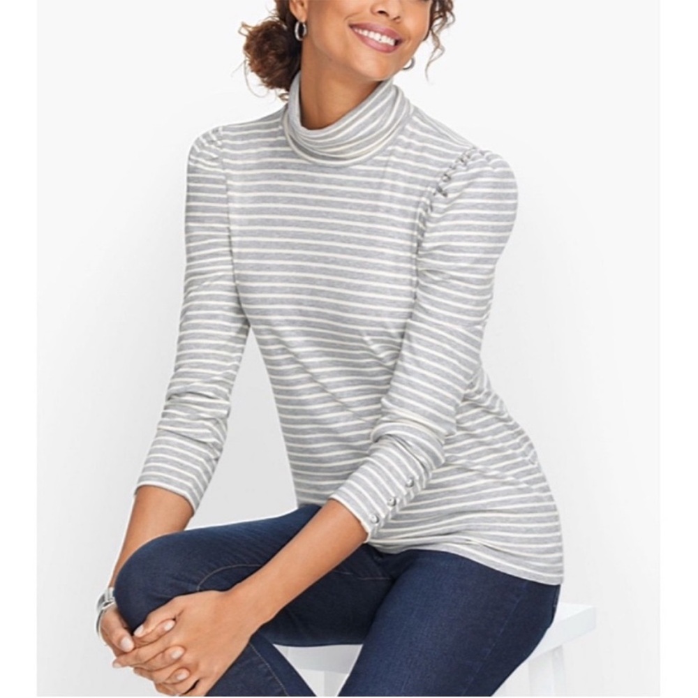 Talbots Grey White Striped Ribbed Knit Turtleneck Long Sleeve Top Size XL